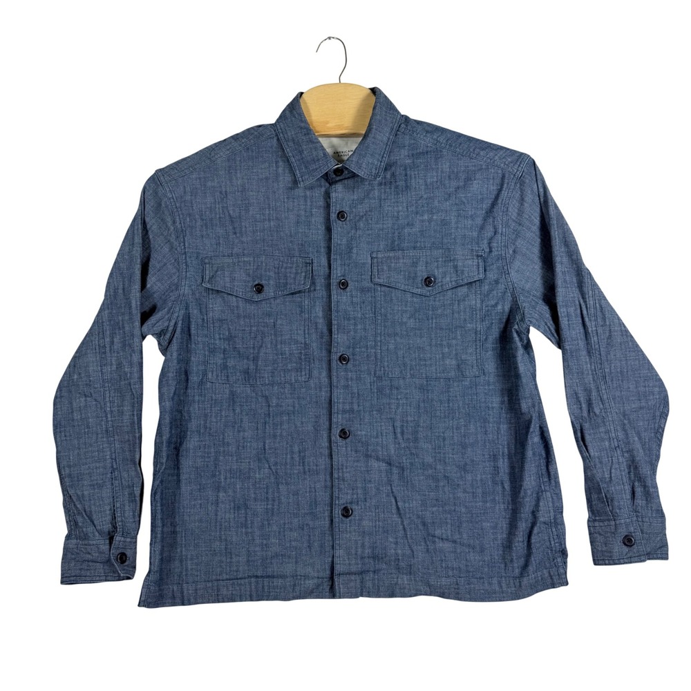 American Eagle Button‎ Down Shirt Mens L Blue Chambray Workwear Rugged Heavy